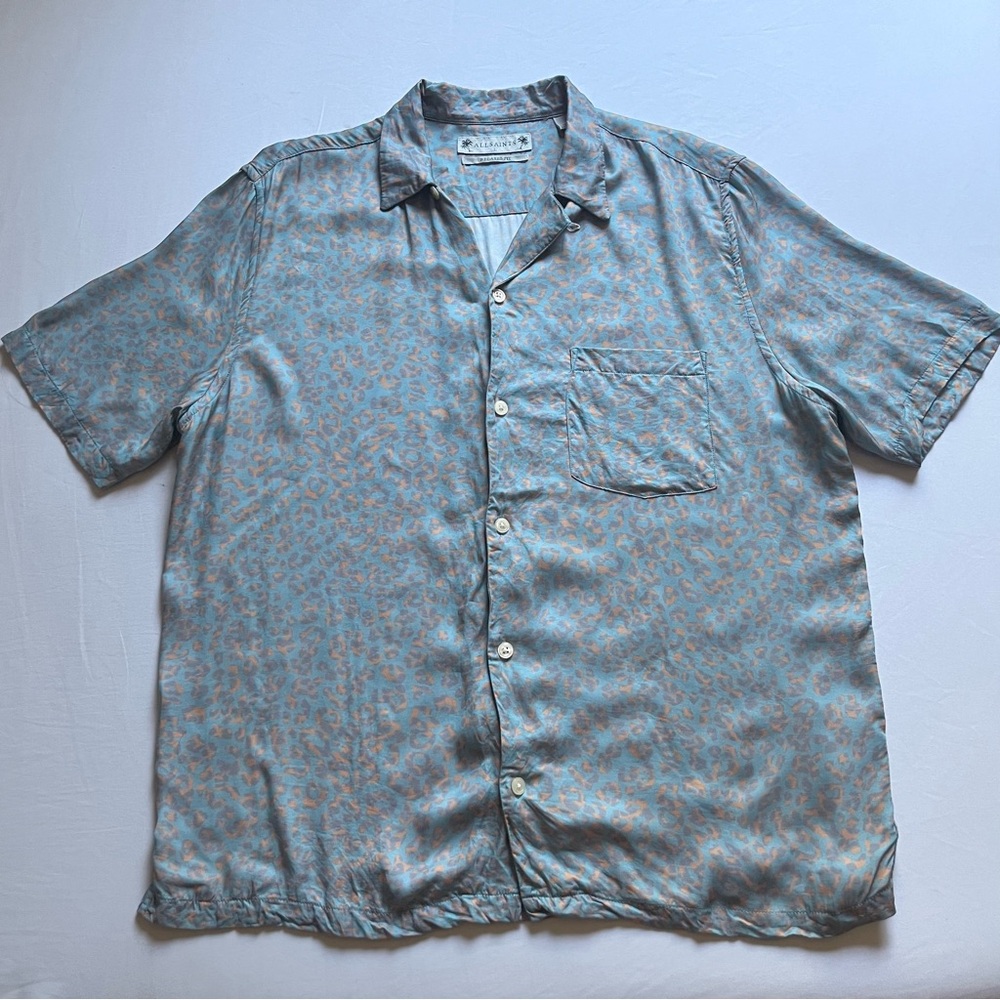 ALLSAINTS green leopard cheetah animal viscose button up short sleeve‎ shirt